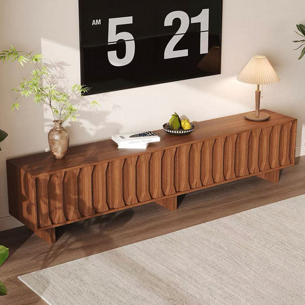 70.8'' Japanese-Style Wood TV Stand with Carved Sliding Doors Minimalist Low Media Console