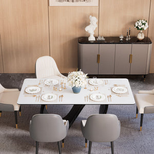 Modern Luxury Dining Set S-Shaped Walnut Base Marble-Effect Table × Gray & Gold Sideboard