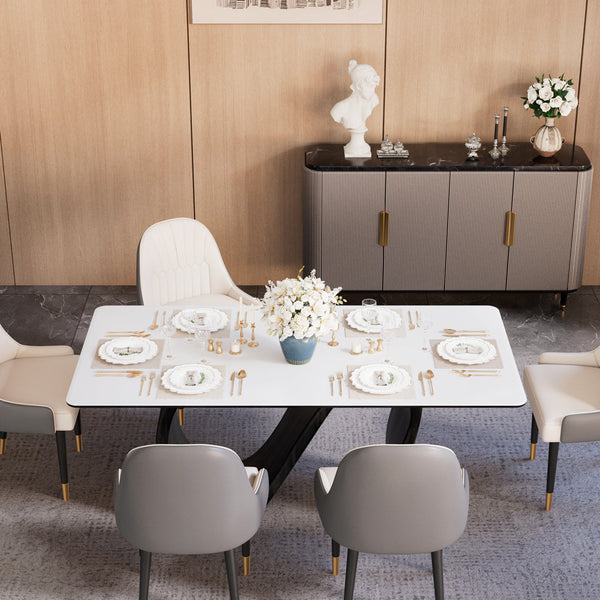 Modern Luxury Dining Set S-Shaped Walnut Base Marble-Effect Table × Gray & Gold Sideboard