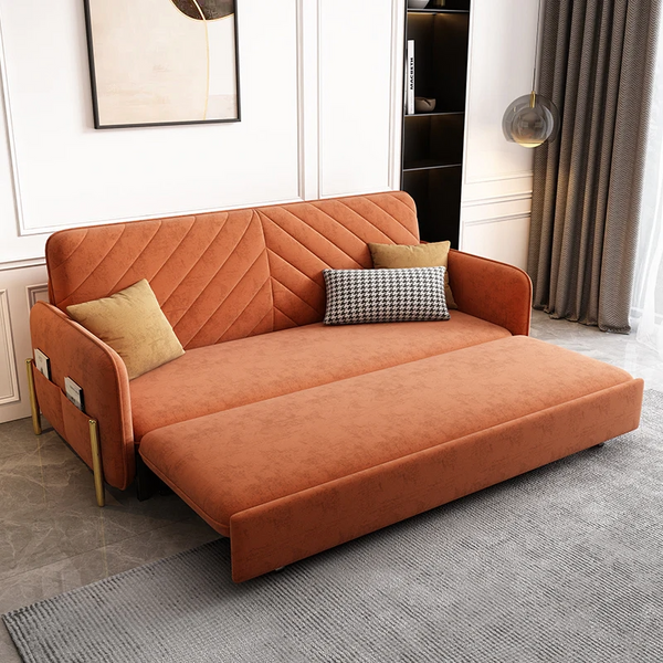 Close-up of sofa bed’s velvet upholstery and tufted seat design
