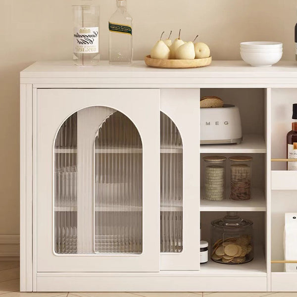 Multi-Functional Dining Table Rotating & Foldable Sideboard Sintered Stone Top Storage Cabinet with Fluted Glass Doors