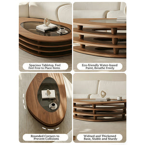 Modern Oval Wood Coffee Table with Glass Inlay Sculptural Layered Base