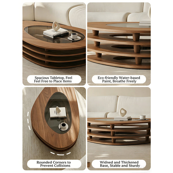 Modern Oval Wood Coffee Table with Glass Inlay Sculptural Layered Base