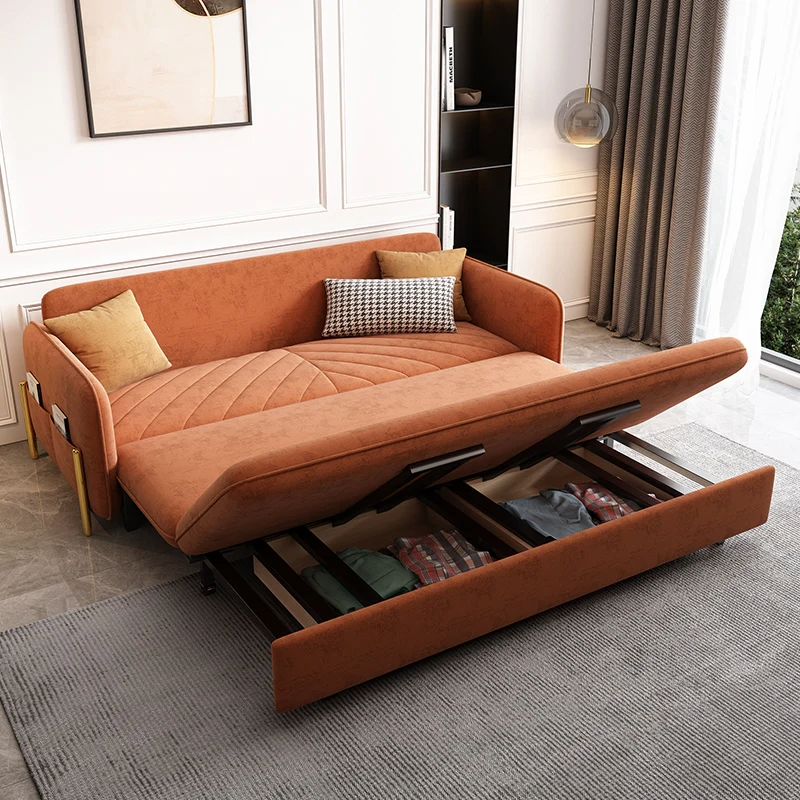 Convertible velvet sofa bed with solid wood and metal frame