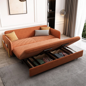 Modern sofa bed in velvet upholstery with hidden storage drawer