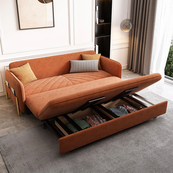Modern sofa bed in velvet upholstery with hidden storage drawer