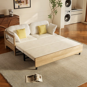 Sofa bed fully extended to bed mode with storage accessible