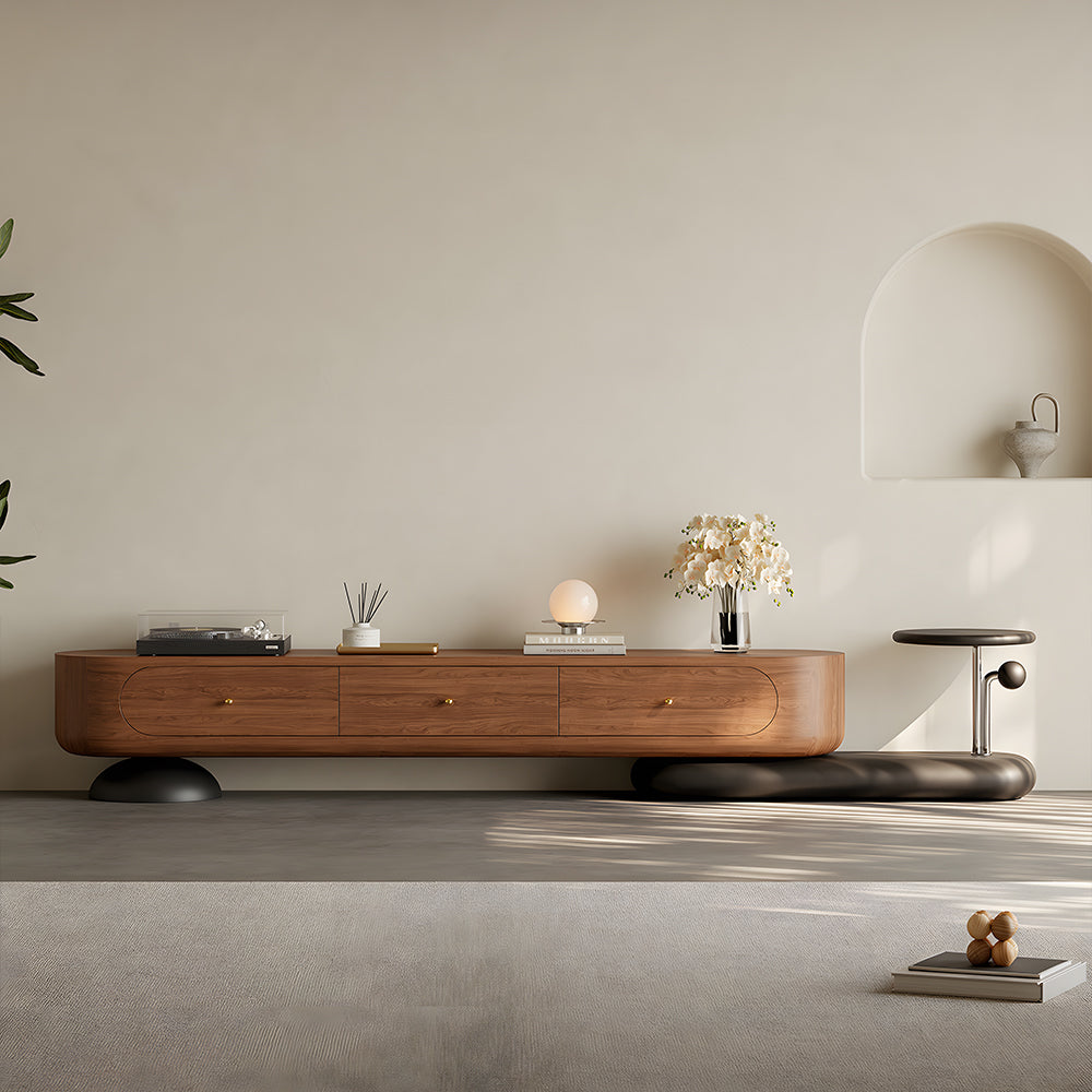 86.6" Modern Walnut TV Stand Curved Edge Media Console Low Profile Entertainment Center