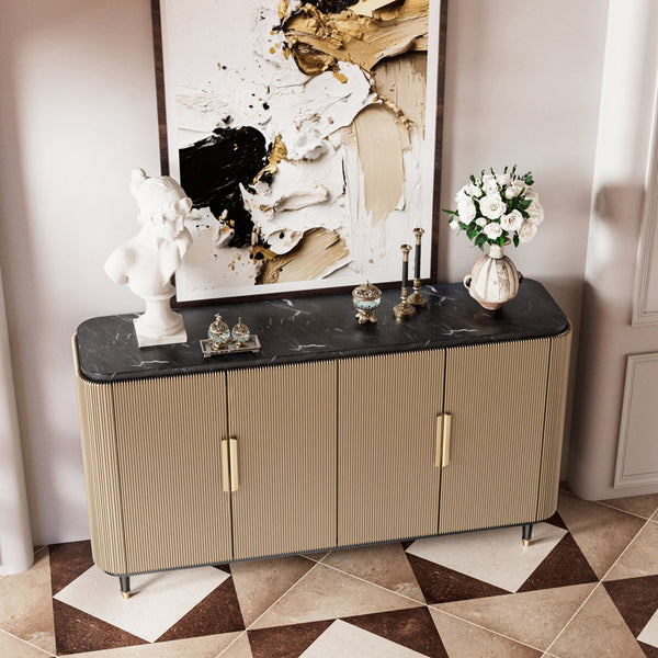 59'' Modern Luxury Elegant Gray and Gold Sideboard with Shelves