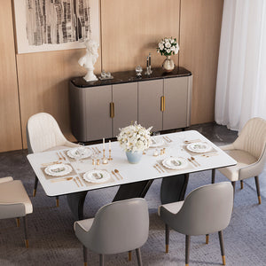 Modern Luxury Dining Set S-Shaped Walnut Base Marble-Effect Table × Gray & Gold Sideboard