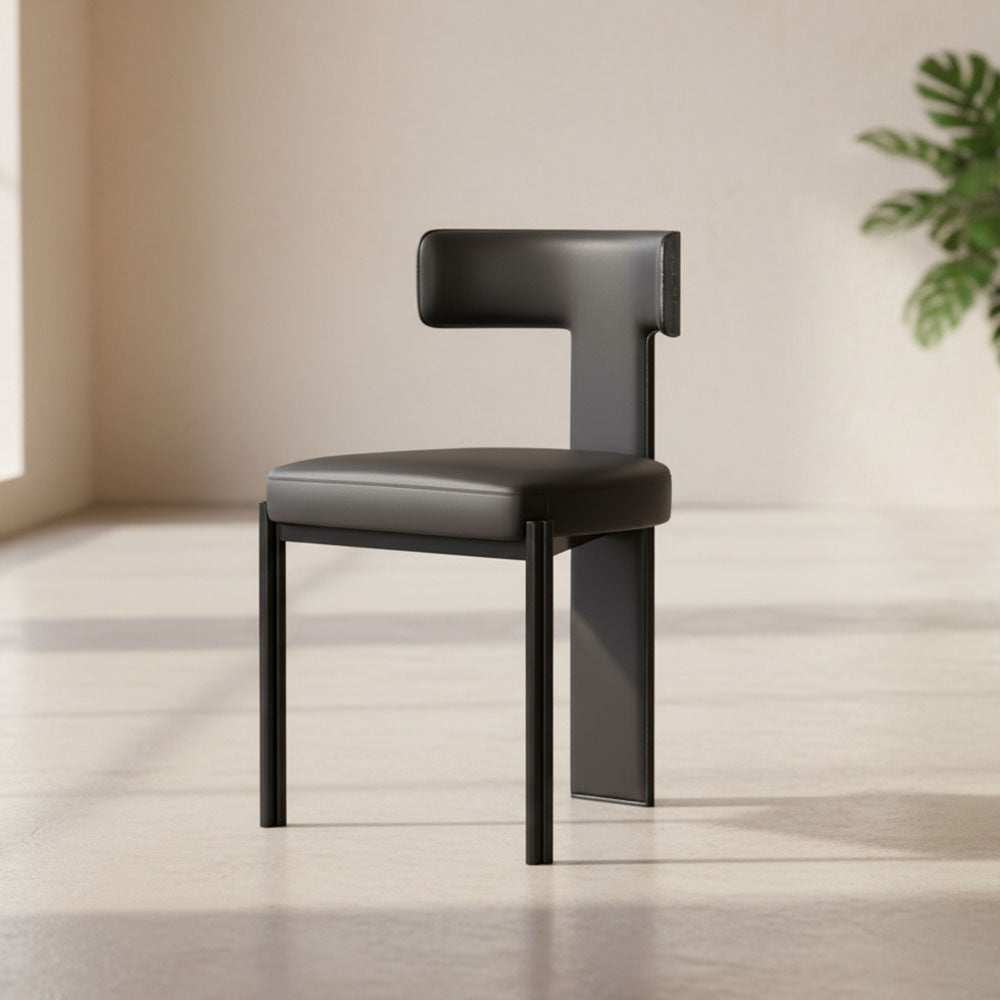 Modern Minimalist Sculptural Dining Chair Faux Leather Seat with Asymmetrical Geometric Backrest