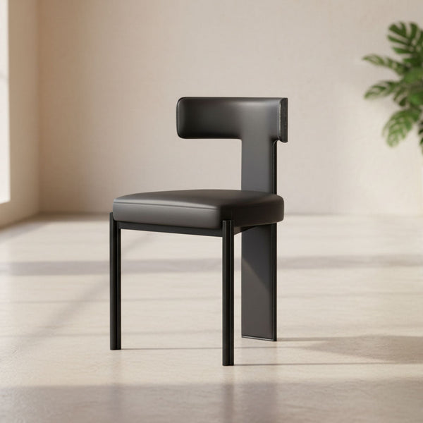 Modern Minimalist Sculptural Dining Chair Faux Leather Seat with Asymmetrical Geometric Backrest