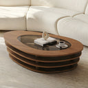 Modern Oval Wood Coffee Table with Glass Inlay Sculptural Layered Base