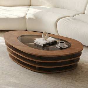 Modern Oval Wood Coffee Table with Glass Inlay Sculptural Layered Base
