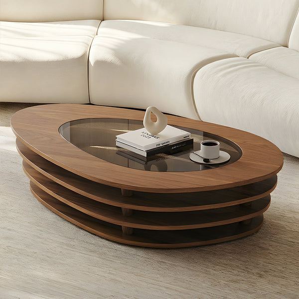 Modern Oval Wood Coffee Table with Glass Inlay Sculptural Layered Base