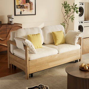 Beige sponge fabric sofa bed in living room interior scene