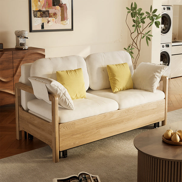 Beige sponge fabric sofa bed in living room interior scene