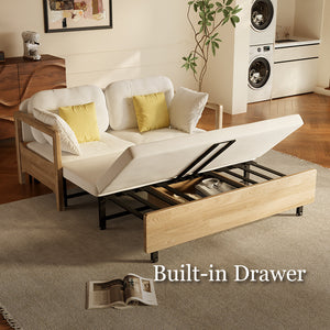 Convertible sofa bed showing seating and under-seat storage drawer open