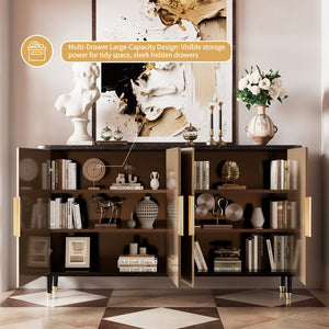 59'' Modern Luxury Elegant Gray and Gold Sideboard with Shelves