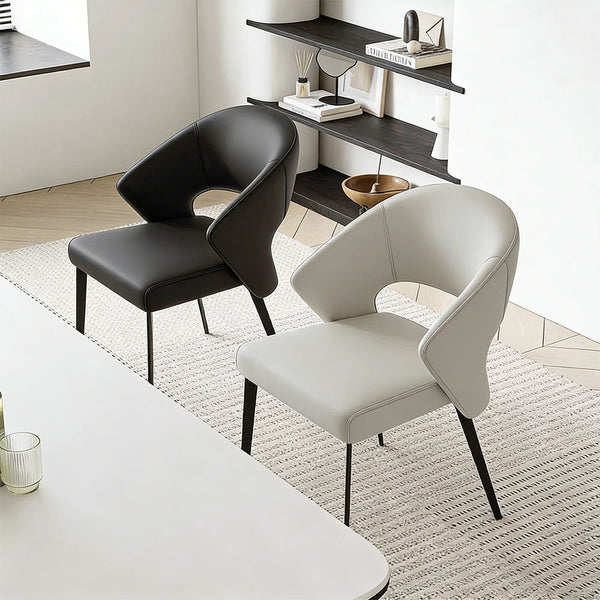 2PCS Modern Curved Upholstered Dining Chair Leather Accent Armchair with Black Metal Legs