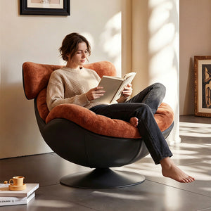 Modern Lounge Swivel Chair Linen Upholstered Fabric with Curved Design and Metal Base