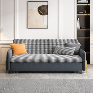 Gray checkered sofa with cushions in a modern living room setting