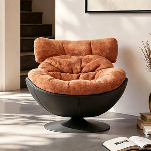 Modern Lounge Swivel Chair Linen Upholstered Fabric with Curved Design and Metal Base