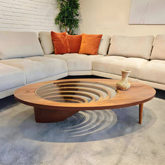 Modern Artistic Coffee Table with 3D Vortex Design and Tempered Glass Top