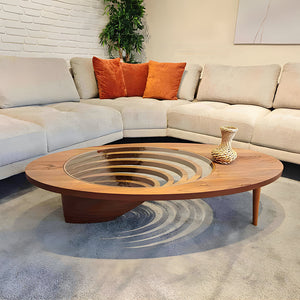 Modern Artistic Coffee Table with 3D Vortex Design and Tempered Glass Top